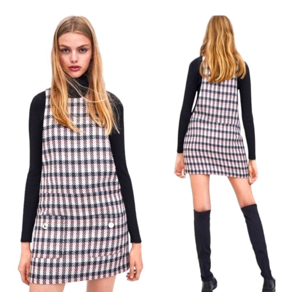 ZARA METALLIC PLAID TWEED OVERALL MINI DRESS FRONT POCKETS LIGHT ACADEMIA PREPPY